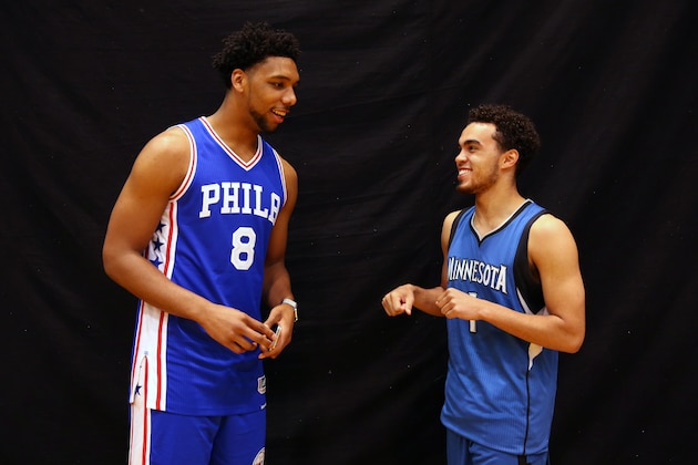 TARRYTOWN, NY - AUGUST 8:  Jahlil Okafor #8 of the Philadelphia 76ers and  Tyus Jones #1 of the Minnesota Timberwolves talk during the 2015 NBA rookie photo shoot on August 8, 2015 at the Madison Square Garden Training Facility in Tarrytown, New York. NOTE TO USER: User expressly acknowledges and agrees that, by downloading and or using this photograph, User is consenting to the terms and conditions of the Getty Images License Agreement. Mandatory Copyright Notice: Copyright 2015 NBAE (Photo by Mike Stobe/NBAE via Getty Images)