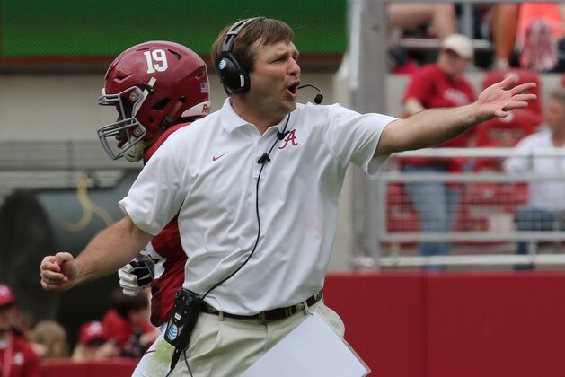 Apr 18, 2015; Tuscaloosa, AL, USA; Alabama Crimson Tide defensive coordinator and linebackers coach Kirby Smart during the A-day game at Bryant Denny Stadium. Mandatory Credit: Marvin Gentry-USA TODAY Sports