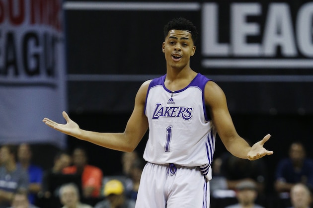 Los Angeles Lakers’ D'Angelo Russell reacts after scoring against the Minnesota Timberwolves during the first half of their NBA summer league basketball game Friday, July 10, 2015, in Las Vegas. (AP Photo/John Locher)