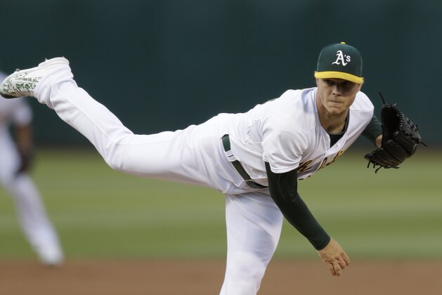 Oakland Athletics pitcher Sonny Gray works against the Houston Astros in the first inning of a baseball game Friday, Aug. 7, 2015, in Oakland, Calif. (AP Photo/Ben Margot)