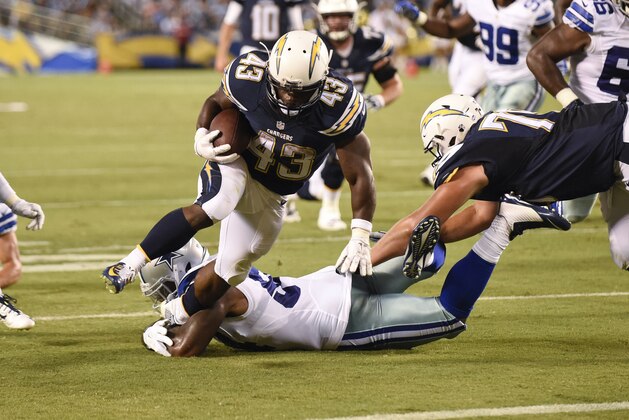 San Diego Chargers running back Branden Oliver (43) breaks free of Dallas Cowboys linebacker Jasper Brinkley on his way to scoring a touchdown during the first half of an NFL preseason football game Thursday, Aug. 13, 2015 in San Diego. (AP Photo/Denis Poroy)
