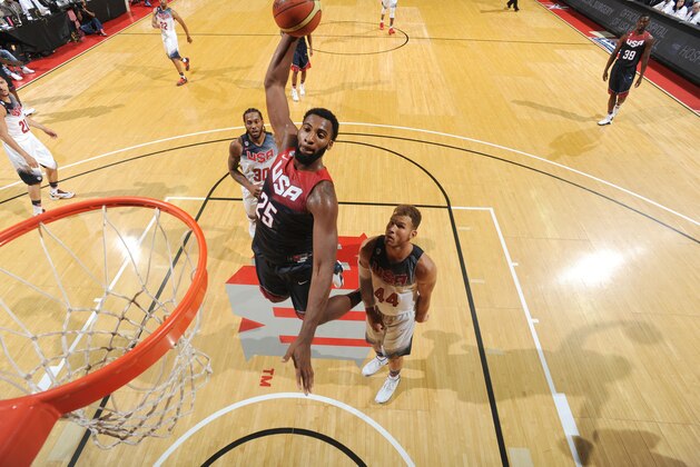 LAS VEGAS, NV - AUGUST 13: Andre Drummond #25 of USA Blue goes up for a shot against USA White during the Team USA Basketball Showcase on August 13, 2015 at the Thomas & Mack Center in Las Vegas, Nevada. NOTE TO USER: User expressly acknowledges and agrees that, by downloading and/or using this Photograph, user is consenting to the terms and conditions of the Getty Images License Agreement. Mandatory Copyright Notice: Copyright 2015 NBAE (Photo by Andrew D. Bernstein/NBAE via Getty Images)