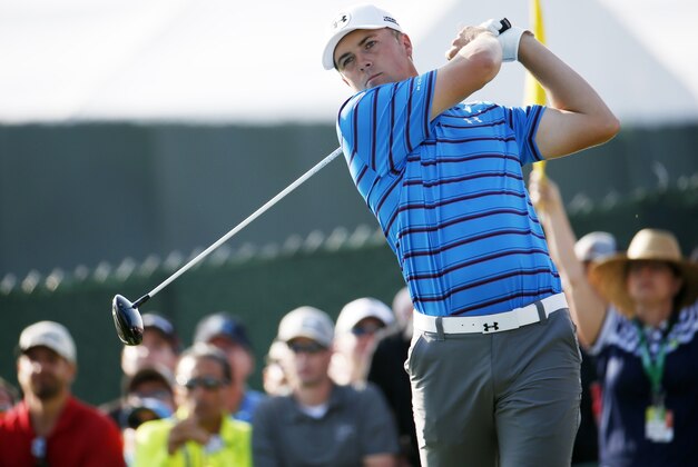 Jordan Spieth hits a drive on the 11th hole during the second round of the PGA Championship golf tournament Friday, Aug. 14, 2015, at Whistling Straits in Haven, Wis. (AP Photo/Julio Cortez)
