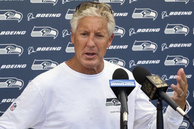 Seattle Seahawks head coach Pete Carroll speaks to members of the media following NFL football training camp on Friday, July 31, 2015, in Renton, Wash. (AP Photo/Stephen Brashear)