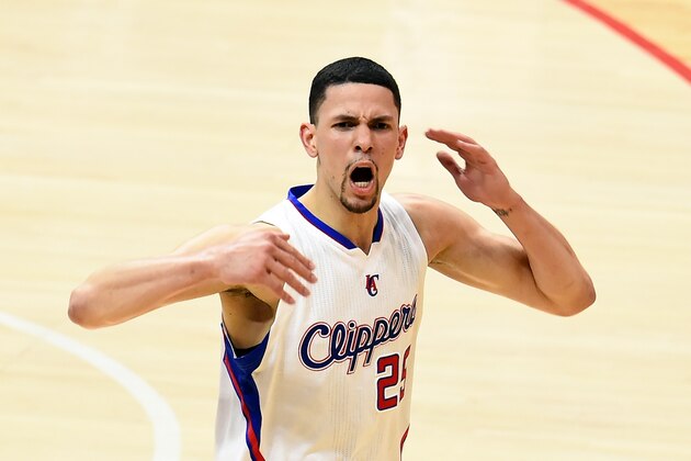 Los Angeles Clippers Austin Rivers celebrates during game three of the Clippers' playoff series game against the Houston Rockets at the Staples Center in Los Angeles, California on May 8, 2015. AFP PHOTO/ ROBYN BECK        (Photo credit should read ROBYN BECK/AFP/Getty Images)