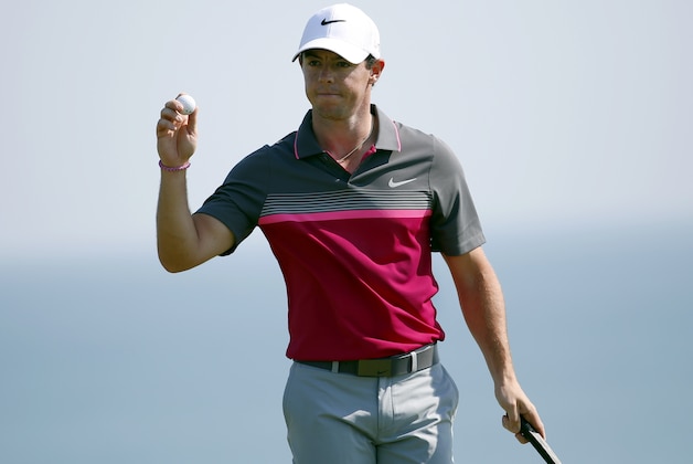 Rory McIlroy, of Northern Ireland, reacts after making a birdie on the 16th hole during the second round of the PGA Championship golf tournament Friday, Aug. 14, 2015, at Whistling Straits in Haven, Wis. (AP Photo/Julio Cortez)