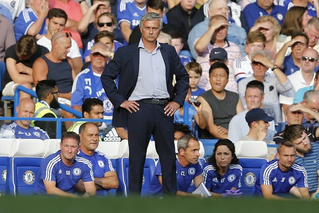 Chelsea's manager Jose Mourinho and team doctor Eva Carneiro, third from right, during the English Premier League soccer match between Chelsea and Swansea City at Stamford Bridge stadium in London, Saturday, Aug. 8, 2015.(AP Photo/Frank Augstein)