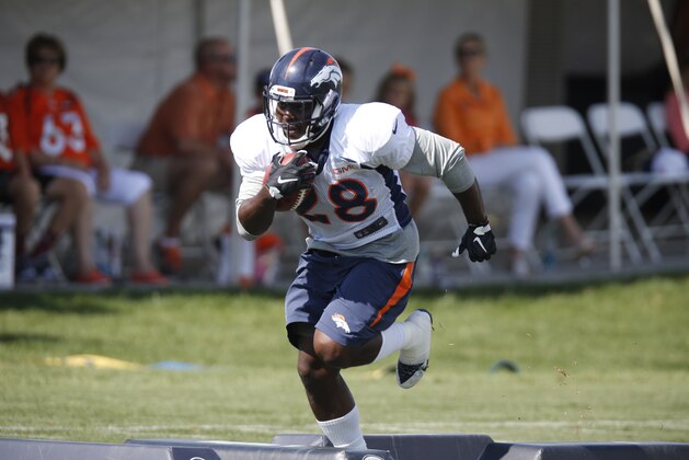 Denver Broncos running back Montee Ball (28) at the team's NFL football training camp Sunday, Aug. 2, 2015, in Englewood, Colo. (AP Photo/David Zalubowski)