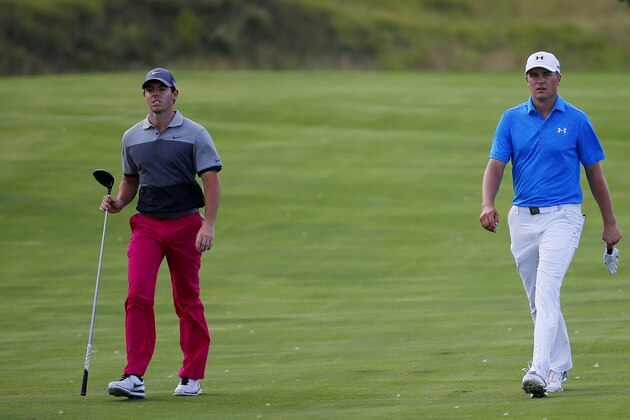 SHEBOYGAN, WI - AUGUST 13: Rory McIlroy of Northern Ireland and Jordan Spieth of the United States  during the first round of the 2015 PGA Championship at Whistling Straits on August 13, 2015 in Sheboygan, Wisconsin.  (Photo by Kevin C. Cox/Getty Images)