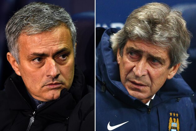 FILE PHOTO (EDITORS NOTE: COMPOSITE OF TWO IMAGES - Image numbers (L)  460957880 and 460953432) In this composite image a comparision has been made between Jose Mourinho, Manager of Chelsea (L) and Manuel Pellegrini,Manager of Manchester City (R). Chelsea meet Manchester City in a Premier League match on January 31, 2015 at Stamford Bridge,London. **LEFT IMAGE** LONDON, ENGLAND - JANUARY 01: Jose Mourinho manager of Chelsea looks on before the Barclays Premier League match between Tottenham Hotspur and Chelsea at White Hart Lane on January 1, 2015 in London, England. (Photo by Michael Regan/Getty Images) **RIGHT IMAGE**  MANCHESTER, ENGLAND - JANUARY 01: Manuel Pellegrini, manager of Manchester City looks on prior to the Barclays Premier League match between Manchester City and Sunderland at Etihad Stadium on January 1, 2015 in Manchester, England. (Photo by Clive Mason/Getty Images)