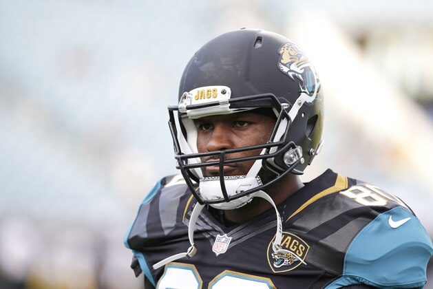 Jacksonville Jaguars tight end Julius Thomas before the first half of an NFL preseason football game against the Pittsburgh Steelers, Friday, Aug. 14, 2015, in Jacksonville, Fla. (AP Photo/John Raoux)
