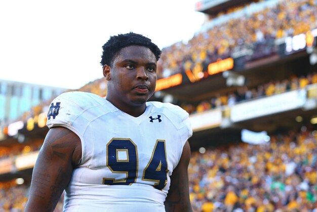 Nov 8, 2014; Tempe, AZ, USA; Notre Dame Fighting Irish defensive lineman Jarron Jones (94) against the Arizona State Sun Devils at Sun Devil Stadium. Arizona State defeated Notre Dame 55-31. Mandatory Credit: Mark J. Rebilas-USA TODAY Sports
