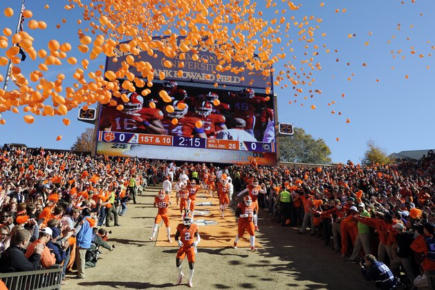 Clemson players head to the field before an NCAA college football game against South Carolina, Saturday, Nov. 29, 2014, in Clemson, S.C. Clemson won 35-17. (AP Photo/Rainier Ehrhardt)