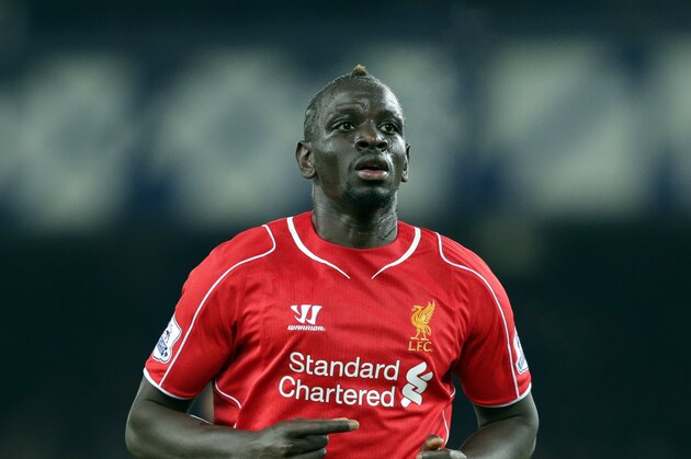 Liverpool's Mamadou Sakho during their English Premier League soccer match against Everton at Goodison Park in Liverpool, England, Saturday Feb. 7, 2015. (AP Photo/Clint Hughes)