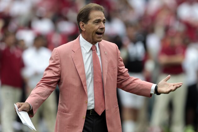 Alabama head coach Nick Saban reacts to a play during the first half of Alabama's spring NCAA college football game, Saturday, April 18, 2015, in Tuscaloosa, Ala. (AP Photo/Butch Dill)