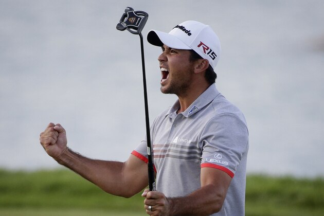 Jason Day, of Australia, reacts to his birdie on the 17th hole during the third round of the PGA Championship golf tournament Saturday, Aug. 15, 2015, at Whistling Straits in Haven, Wis. (AP Photo/Jae Hong)