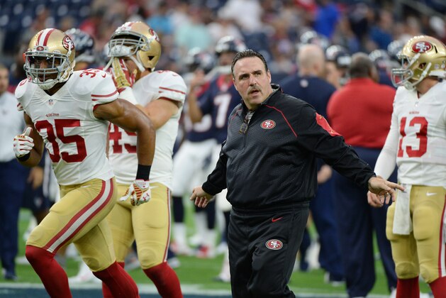 San Francisco 49ers head coach Jim Tomsula directs his players prior to an NFL preseason football game against the San Francisco 49ers, Saturday, Aug. 15, 2015, in Houston. (AP Photo/George Bridges)