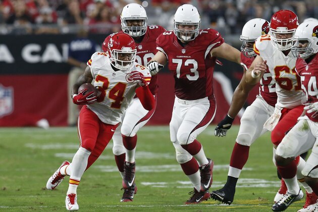 Kansas City Chiefs running back Knile Davis (34) runs against the Arizona Cardinals during the first half of an NFL preseason football game, Saturday, Aug. 15, 2015, in Glendale, Ariz. (AP Photo/Rick Scuteri)