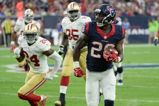 Houston Texans' Alfred Blue (28) rushes against the San Francisco 49ers during the first half of an NFL preseason football game, Saturday, Aug. 15, 2015, in Houston. (AP Photo/George Bridges)