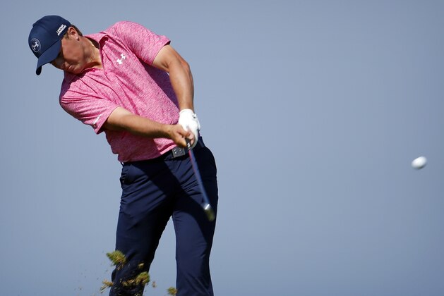 Jordan Spieth hits on the third hole during the third round of the PGA Championship golf tournament Saturday, Aug. 15, 2015, at Whistling Straits in Haven, Wis. (AP Photo/Julio Cortez)