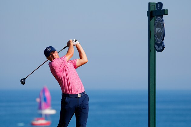 SHEBOYGAN, WI - AUGUST 15:  Jordan Spieth of the United States hits his tee shot on the ninth hole during the third round of the 2015 PGA Championship at Whistling Straits  at  on August 15, 2015 in Sheboygan, Wisconsin.  (Photo by Kevin C. Cox/Getty Images)