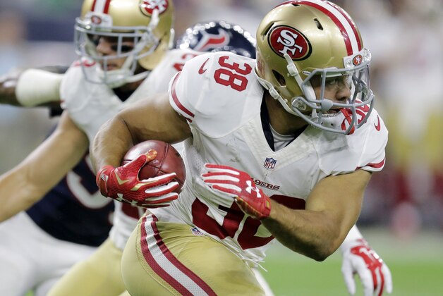 San Francisco 49ers' Jarryd Hayne runs against the Houston Texans during the first half of an NFL preseason football game, Saturday, Aug. 15, 2015, in Houston. (AP Photo/Patric Schneider)