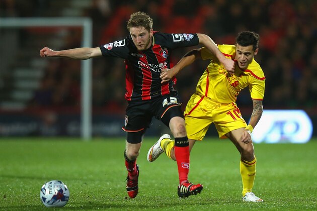BOURNEMOUTH, ENGLAND - DECEMBER 17:  Eunan O'Kane of Bournemouth challenges for the ball with Philippe Coutinho of Liverpool during the Capital One Cup Quarter-Final match between Bournemouth and Liverpool at Goldsands Stadium on December 17, 2014 in Bournemouth, England.  (Photo by Bryn Lennon/Getty Images)