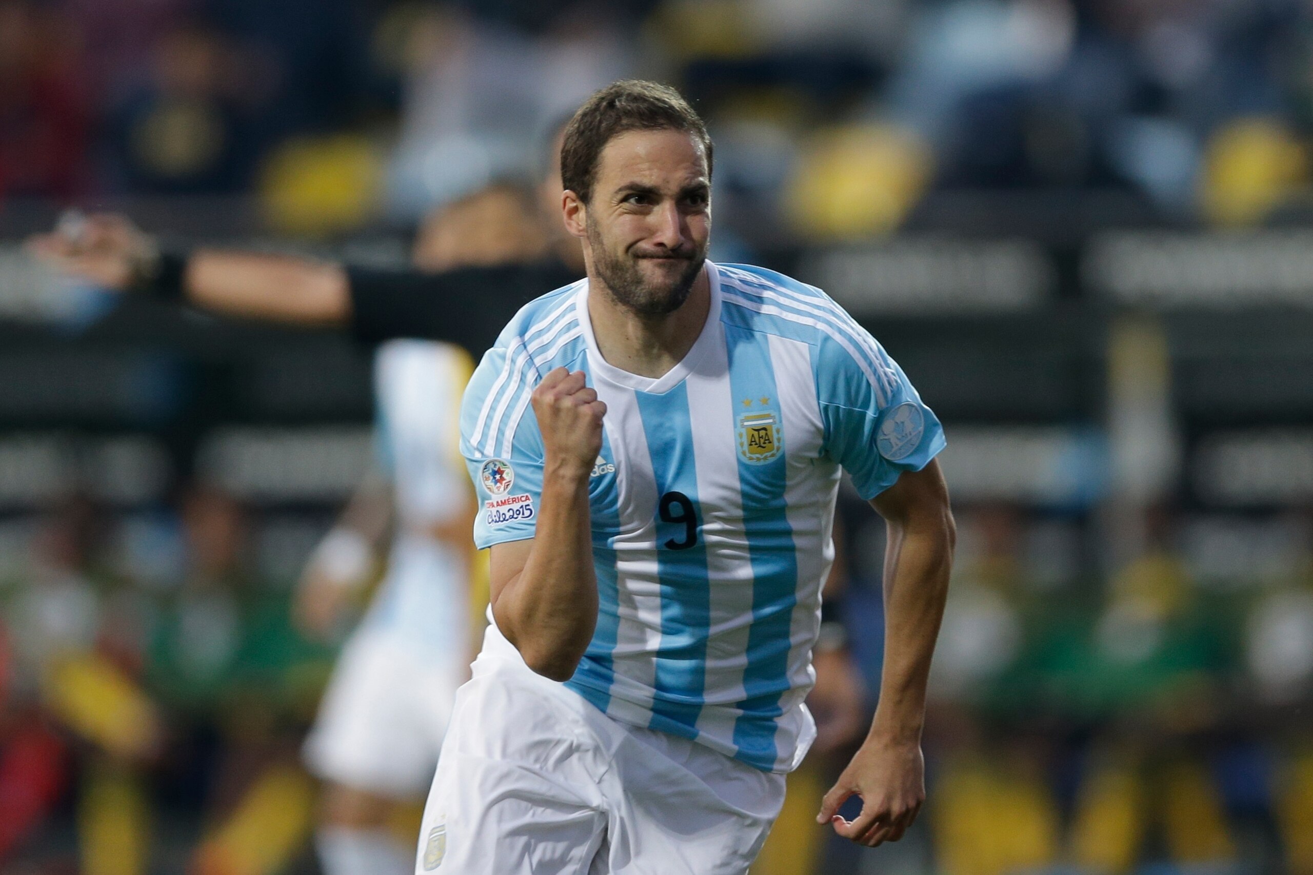 Argentina's Gonzalo Higuain celebrates after scoring against Jamaica  during a Copa America Group B soccer match at the Sausalito Stadium in Vina del Mar, Chile, Saturday, June 20, 2015. (AP Photo/Jorge Saenz)