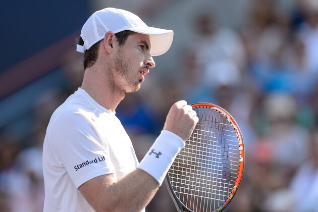 MONTREAL, ON - AUGUST 16:   Andy Murray of Great Britain celebrates after receiving a point against Novak Djokovic of Serbia during day seven of the Rogers Cup at Uniprix Stadium on August 16, 2015 in Montreal, Quebec, Canada.  (Photo by Minas Panagiotakis/Getty Images)