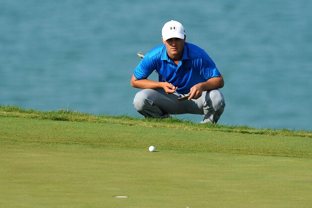 Aug 16, 2015; Sheboygan, WI, USA;  Jordan Spieth lines up his putt on the 13th green during the final round of the 2015 PGA Championship golf tournament at Whistling Straits. Mandatory Credit: Thomas J. Russo-USA TODAY Sports