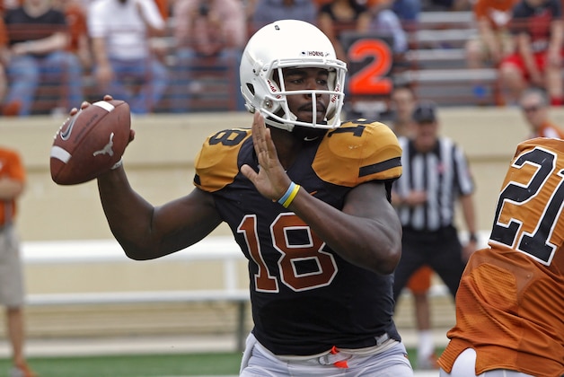 Texas quarterback Tyrone Swoopes (18) looks to throw during the first quarter of Texas' Orange and White spring NCAA college football game, Saturday, April 18, 2015, in Austin, Texas. (AP Photo/Michael Thomas)