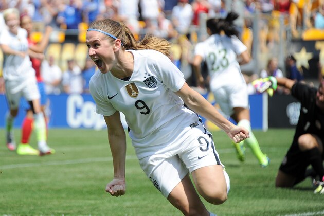 United States midfielder Heather O'Reilly (9) celebrates after scoring a goal against Costa Rica during the first half of a women's friendly soccer match on Sunday, Aug. 16, 2015, in Pittsburgh. (AP Photo/Don Wright)