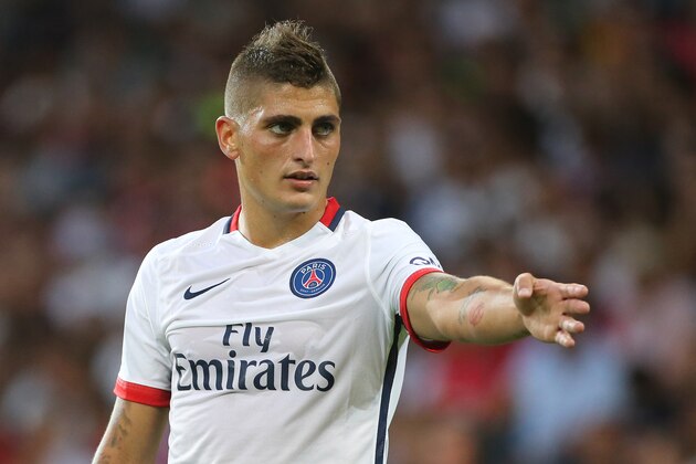 LILLE, FRANCE - AUGUST 7: Marco Verratti of PSG looks on during the French Ligue 1 match between Lille OSC (LOSC) and Paris Saint-Germain (PSG) at Grand Stade Pierre Mauroy on August 7, 2015 in Lille, France. (Photo by Jean Catuffe/Getty Images)