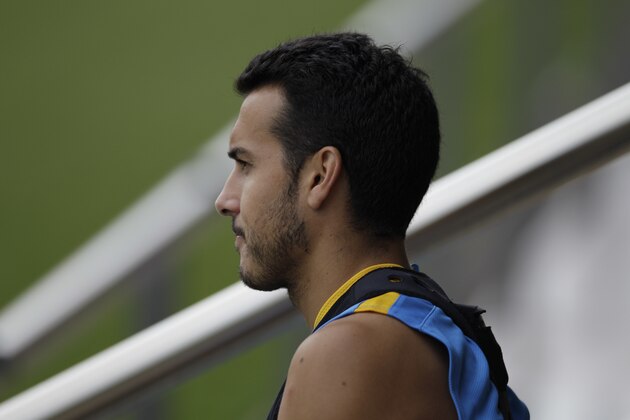 FC Barcelona's Pedro Rodriguez attends a training session one day ahead a Spanish Supercup first leg soccer match against Athletic Bilbao at the Sports Center FC Barcelona Joan Gamper in San Joan Despi, Spain, Thursday, Aug. 13, 2015. (AP Photo/Manu Fernandez)