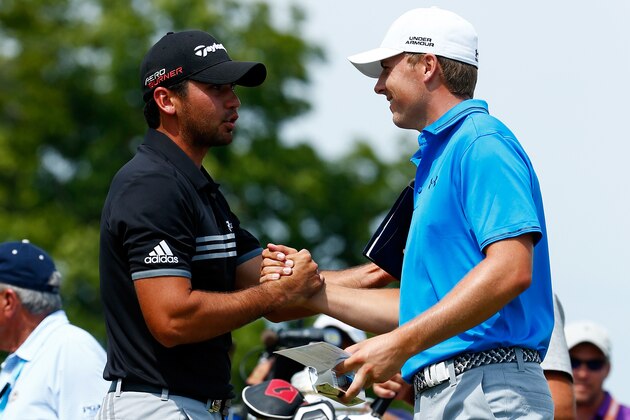 SHEBOYGAN, WI - AUGUST 16:  Jason Day of Australia (L) greets Jordan Spieth of the United States on the first tee during the final round of the 2015 PGA Championship at Whistling Straits on August 16, 2015 in Sheboygan, Wisconsin.  (Photo by Jamie Squire/Getty Images)