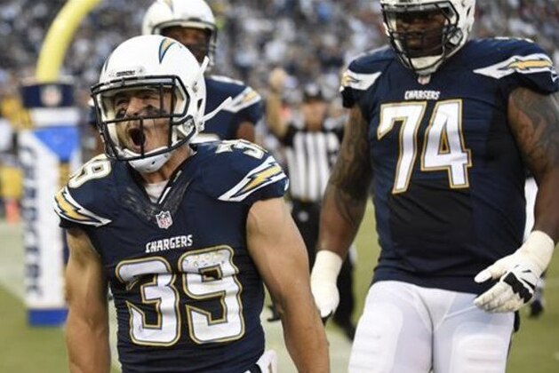 San Diego Chargers running back Danny Woodhead celebrates after scoring a touchdown against the Dallas Cowboys during the first half of an NFL preseason football game Thursday, Aug. 13, 2015 in San Diego. (AP Photo/Denis Poroy)