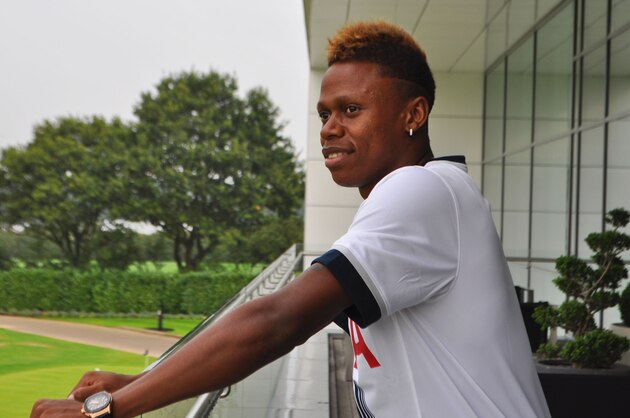 LONDON, ENGLAND - AUGUST 15:  New Tottenham Hotspur signing Clinton Njie poses at Hotspur Way on August 15, 2015 in London, England. The Cameroon international striker was signed from French club Lyon.  (Photo by Tottenham Hotspur FC/Tottenham Hotspur FC via Getty Images)