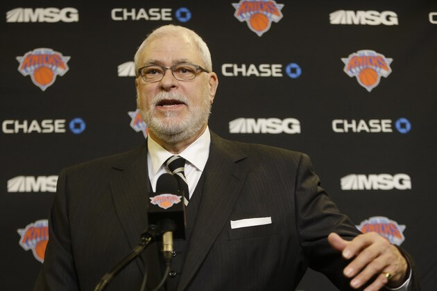 New York Knicks president Phil Jackson speaks during a news conference before an NBA basketball game against the Charlotte Hornets, Saturday, Jan. 10, 2015, in New York. (AP Photo/Frank Franklin II)