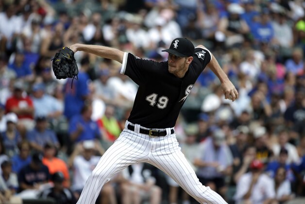Chicago White Sox starter Chris Sale throws against the Chicago Cubs during the third inning of an interleague baseball game Sunday, Aug. 16, 2015, in Chicago. (AP Photo/Nam Y. Huh)