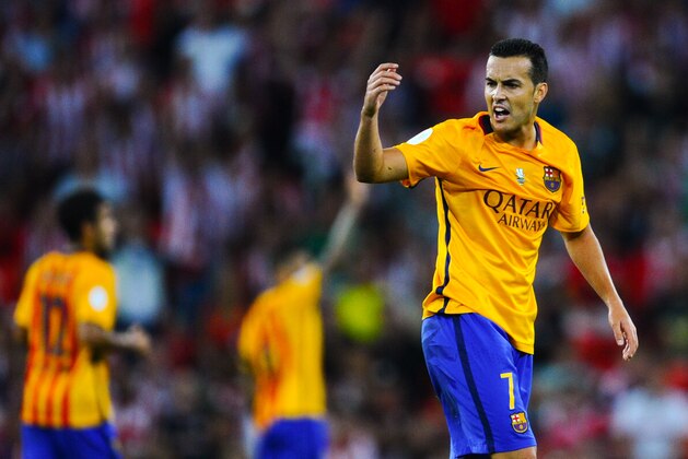 BILBAO, SPAIN - AUGUST 14:  Pedro Rodriguez of FC Barcelona reacts during the Spanish Super Cup first leg match between FC Barcelona and Athletic Club at San Mames Stadium on August 14, 2015 in Bilbao, Spain.  (Photo by David Ramos/Getty Images)