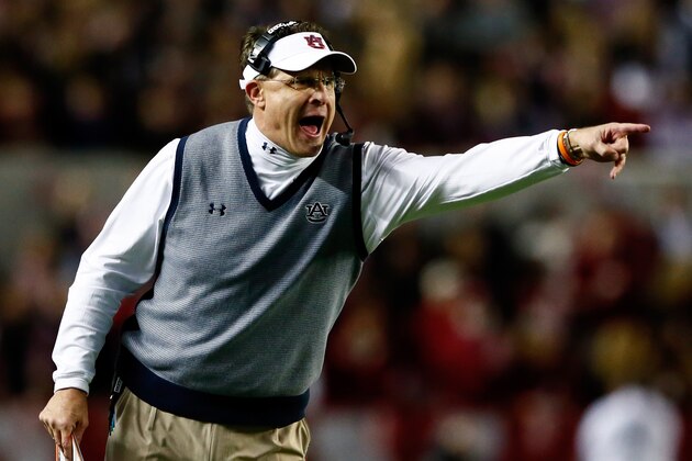 TUSCALOOSA, AL - NOVEMBER 29:  Head coach Gus Malzahn of the Auburn Tigers shouts in the first half during the Iron Bowl against the Alabama Crimson Tide at Bryant-Denny Stadium on November 29, 2014 in Tuscaloosa, Alabama.  (Photo by Kevin C. Cox/Getty Images)