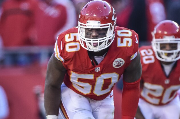 Justin Houston lines up against the San Diego Chargers during the second half of their NFL football game in Kansas City, Mo., Sunday, Dec. 28, 2014. (AP Photo/Reed Hoffmann)