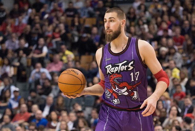 Mar 27, 2015; Toronto, Ontario, Toronto Raptors center Jonas Valanciunas (17) looks to play a ball during the fourth quarter in a game against the Los Angeles Lakers at Air Canada Centre. The Toronto Raptors won 94-83. Mandatory Credit: Nick Turchiaro-USA TODAY Sports
