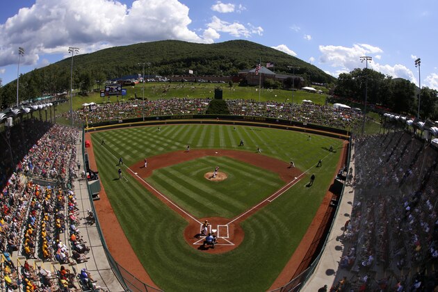 In this photo made with a fisheye lens Lynnwood, Washington pitcher Ian Michael delivers the first pitch of a baseball game to Chicago's Pierce Jones during United States pool play in Lamade Stadium at the Little League World Series tournament in South Williamsport, Pa., Thursday, Aug. 14, 2014. Pierce opened the game with a solo home run and Chicago won 12-2. (AP Photo/Gene J. Puskar)