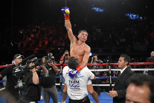 Gennady Golovkin, of Kazakhstan, celebrates after defeating Willie Monroe Jr. in a middleweight world championship bout, Saturday, May 16, 2015, in Inglewood, Calif. Golovkin won after it was stopped in the sixth round. (AP Photo/Mark J. Terrill)