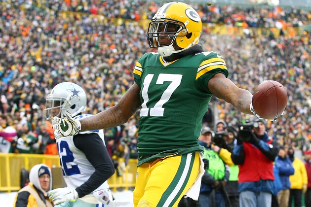 GREEN BAY, WI - JANUARY 11:   Davante Adams #17 of the Green Bay Packers reacts after scoring a touchdown in the third quarter against the Dallas Cowboys during the 2015 NFC Divisional Playoff game at Lambeau Field on January 11, 2015 in Green Bay, Wisconsin.  (Photo by Al Bello/Getty Images)