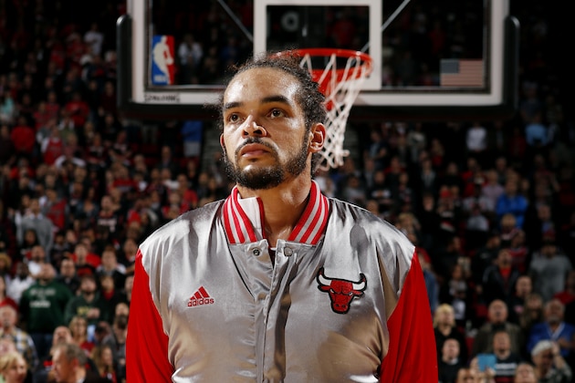 PORTLAND, OR - NOVEMBER 21: Joakim Noah #13 of the Chicago Bulls stands on the court for the national anthem before a game against the Portland Trail Blazers on November 21, 2014 at the Moda Center Arena in Portland, Oregon. NOTE TO USER: User expressly acknowledges and agrees that, by downloading and or using this photograph, user is consenting to the terms and conditions of the Getty Images License Agreement. Mandatory Copyright Notice: Copyright 2014 NBAE (Photo by Cameron Browne/NBAE via Getty Images)