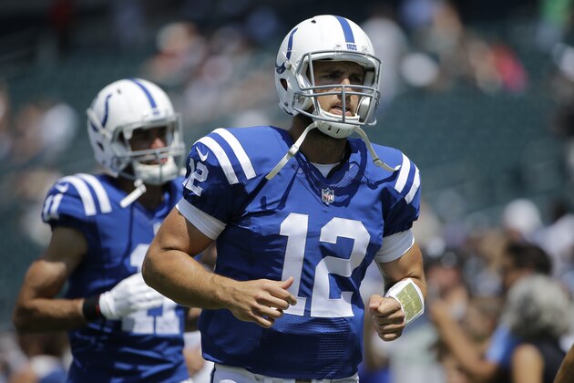 Indianapolis Colts' Andrew Luck jogs the field before a preseason NFL football game against the Philadelphia Eagles, Sunday, Aug. 16, 2015, in Philadelphia. (AP Photo/Matt Rourke)