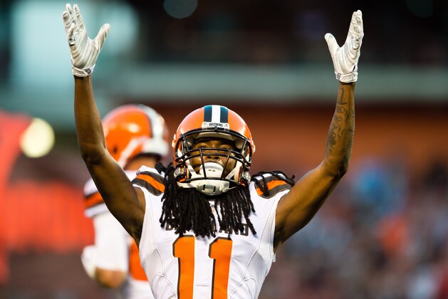 CLEVELAND, OH - AUGUST 13: Wide receiver Travis Benjamin #11 of the Cleveland Browns celebrates after scoring a touchdown during the first half against the Washington Redskins at FirstEnergy Stadium on August 13, 2015 in Cleveland, Ohio. (Photo by Jason Miller/Getty Images)