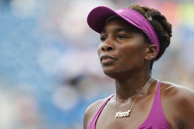 Aug 17, 2015; Cincinnati, OH, USA; Venus Williams (USA) looks on against Zarina Diyas (not pictured) on day three during the Western and Southern Open tennis tournament at Linder Family Tennis Center. Mandatory Credit: Aaron Doster-USA TODAY Sports